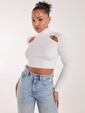 PINK VANILLA Women’s Cutout Ribbed Ivory Turtleneck Sweater SMALL